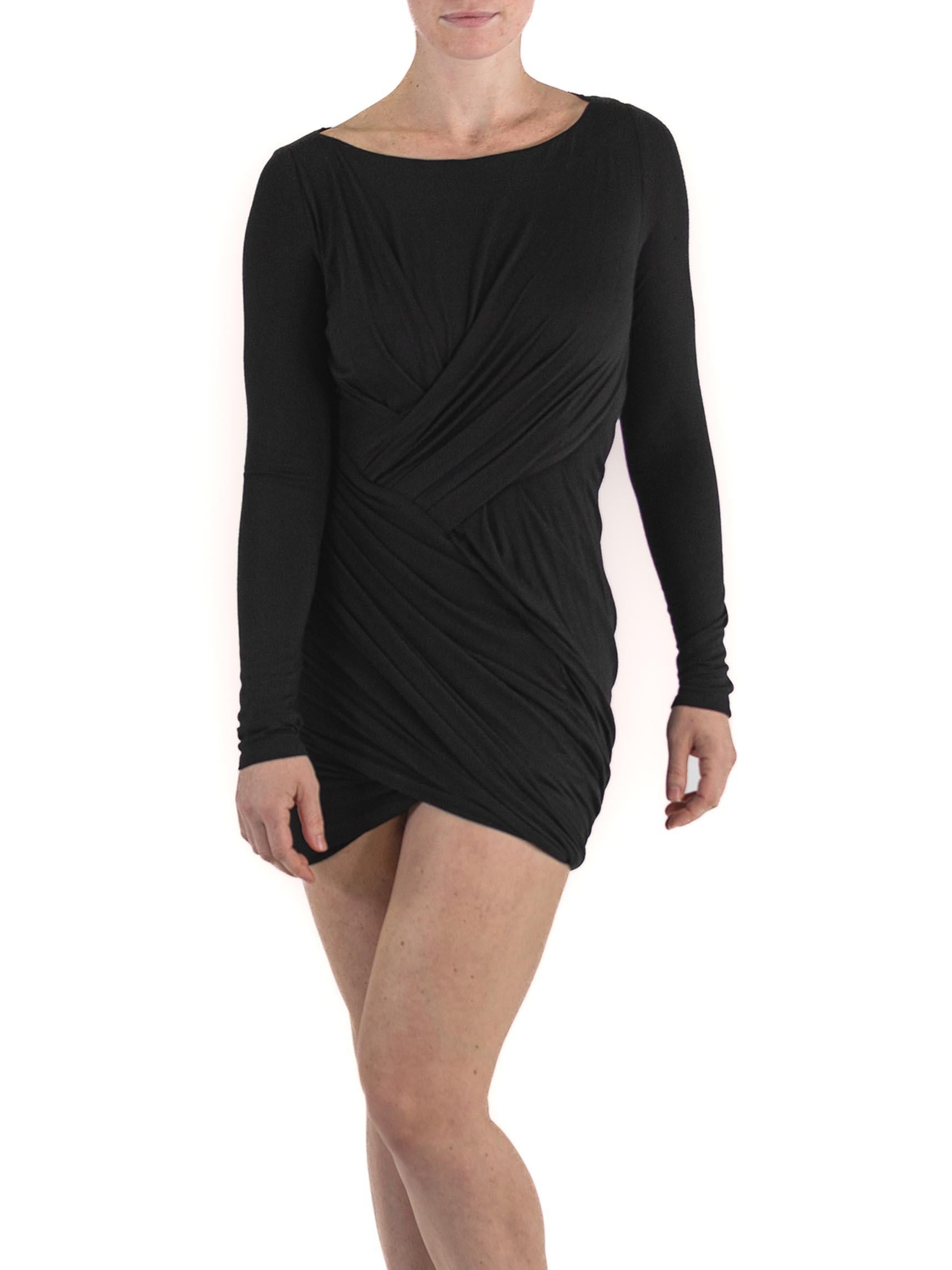 2000s Donna Karan Black Rayon Jersey Dress with Sleeves 2000s Donna Karan Black Rayon Jersey Dress with Sleeves
