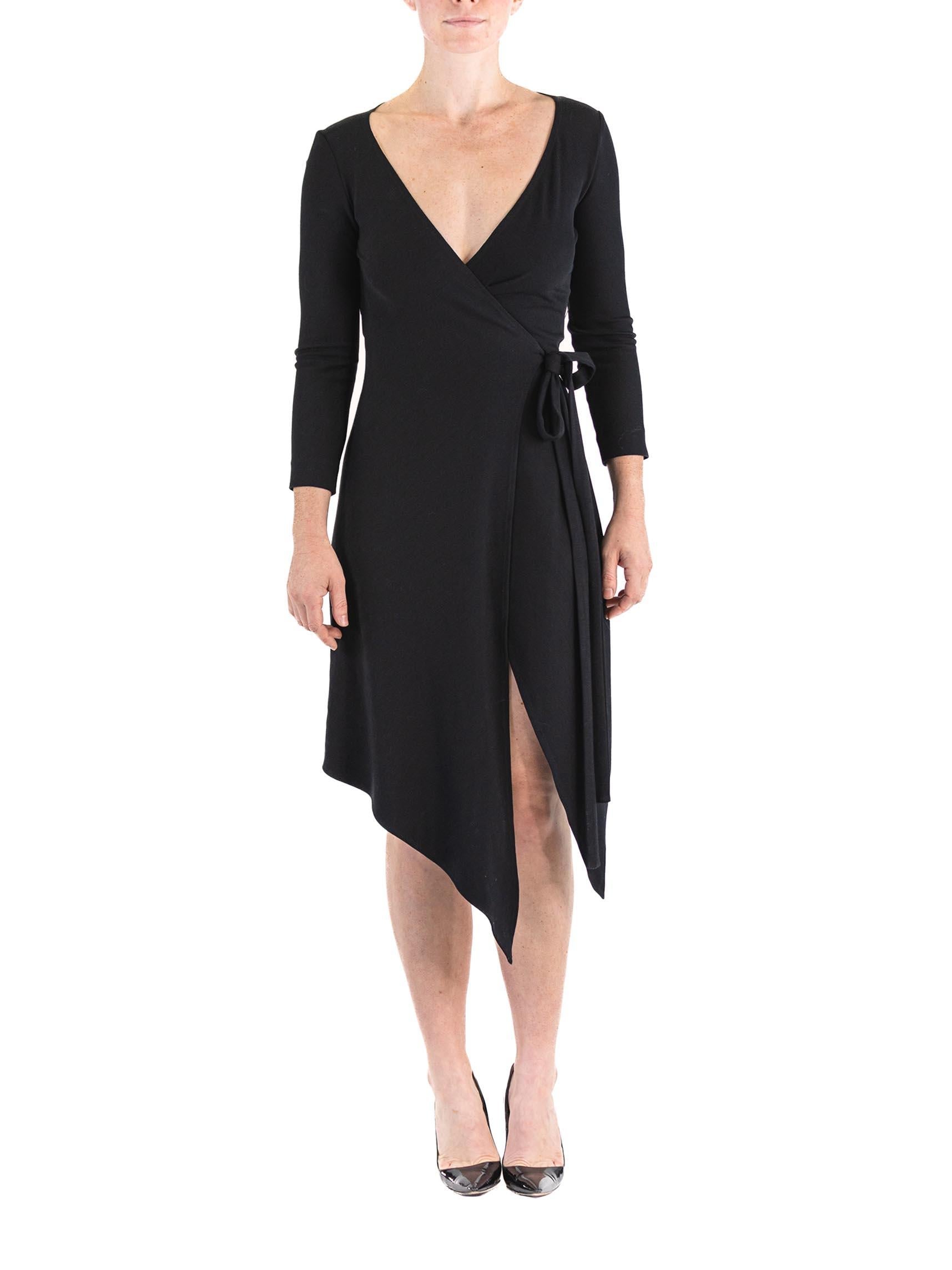 1980S Donna Karan Black Wool Knit Belted Wrap Dress