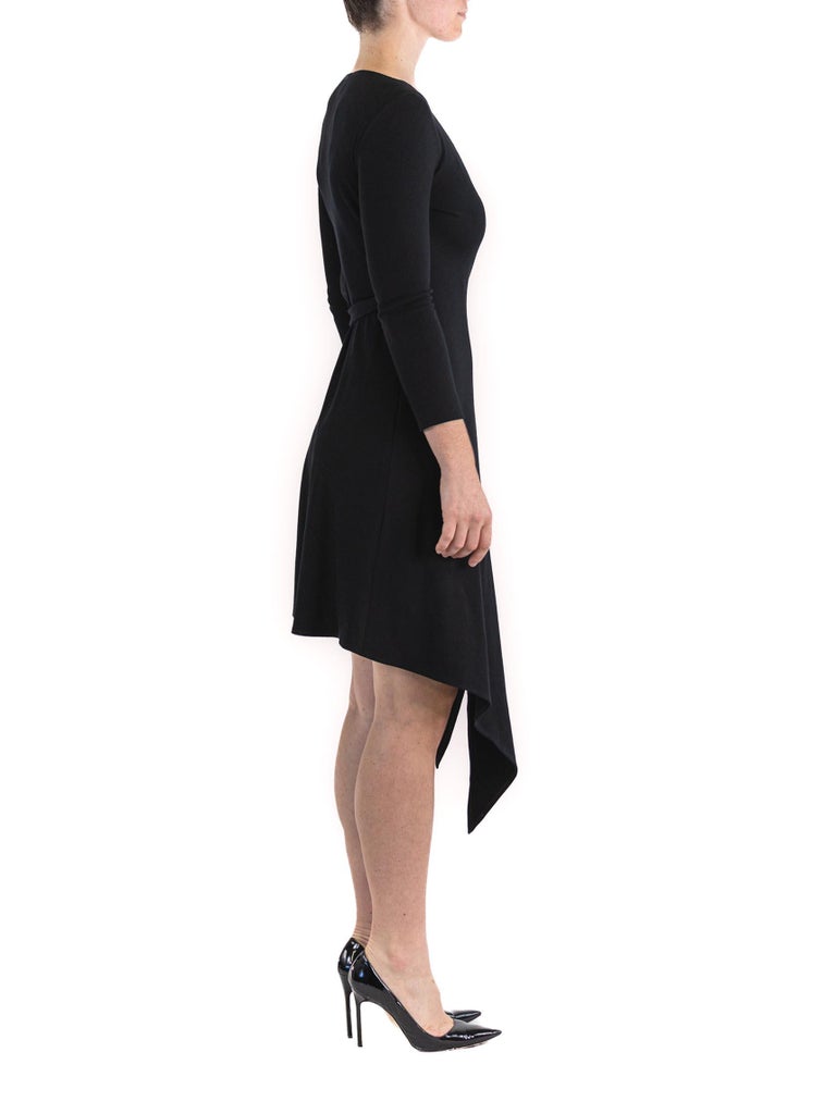 1980S Donna Karan Black Wool Knit Belted Wrap Dress 1980S Donna Karan Black Wool Knit Belted Wrap Dress