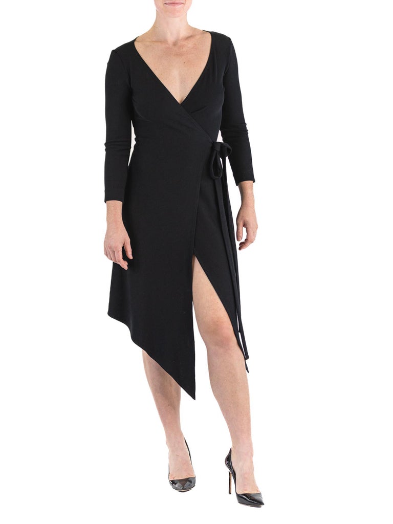 1980S Donna Karan Black Wool Knit Belted Wrap Dress