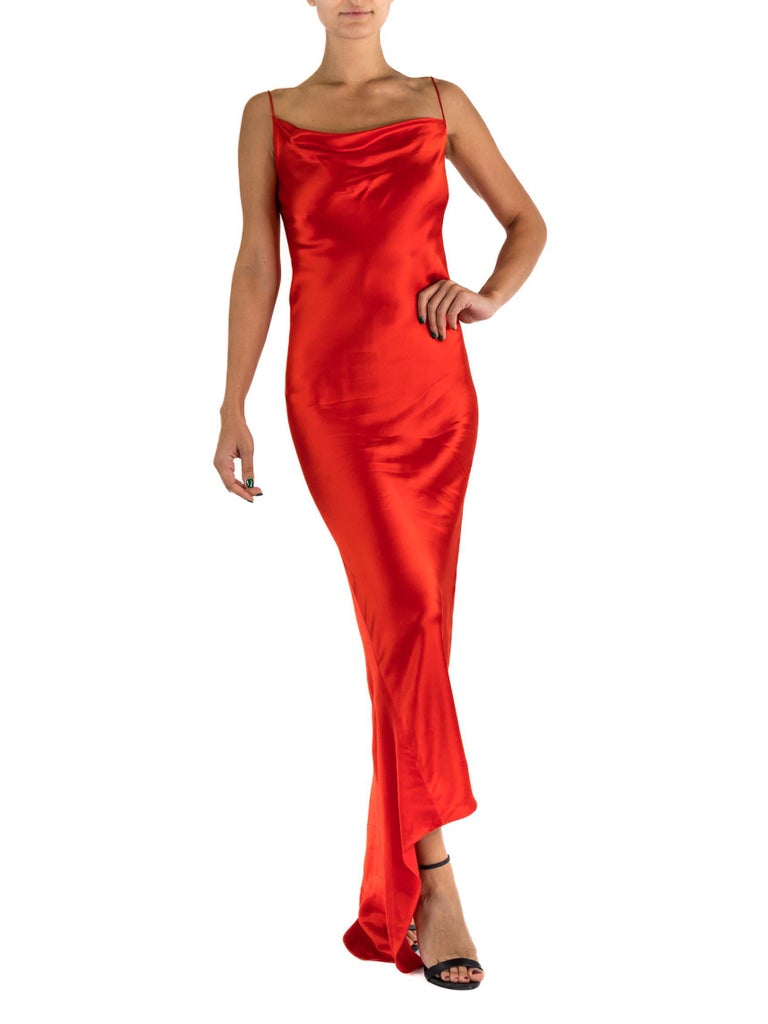 1990s Donna Karan Cherry Red Bias Cut Rayon Blend Satin Minimal Gown 1990s Donna Karan Cherry Red Bias Cut Rayon Blend Satin Minimal Gown
