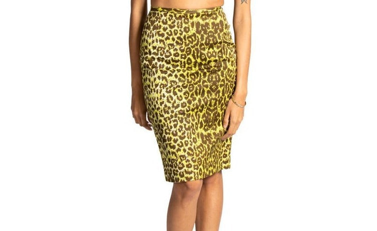 1990S Lime Green Leopard Print Cotton Sateen Pencil Skirt