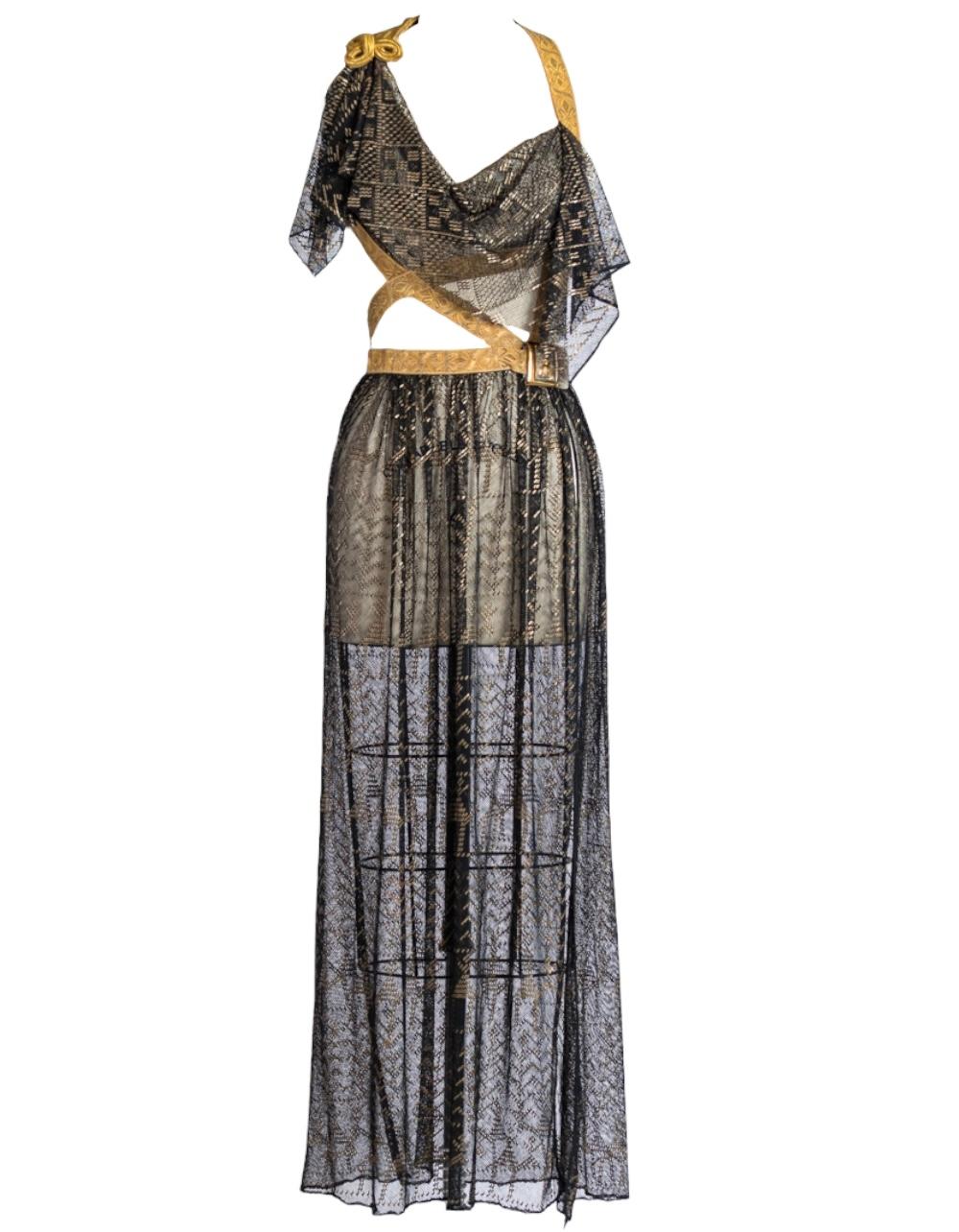 MORPHEW ATELIER Black & Gold Cotton Net Antique Egyptian Assuit Gown With Military Brass Braid Epaulet MORPHEW ATELIER Black & Gold Cotton Net Antique Egyptian Assuit Gown With Military Brass Braid Epaulet