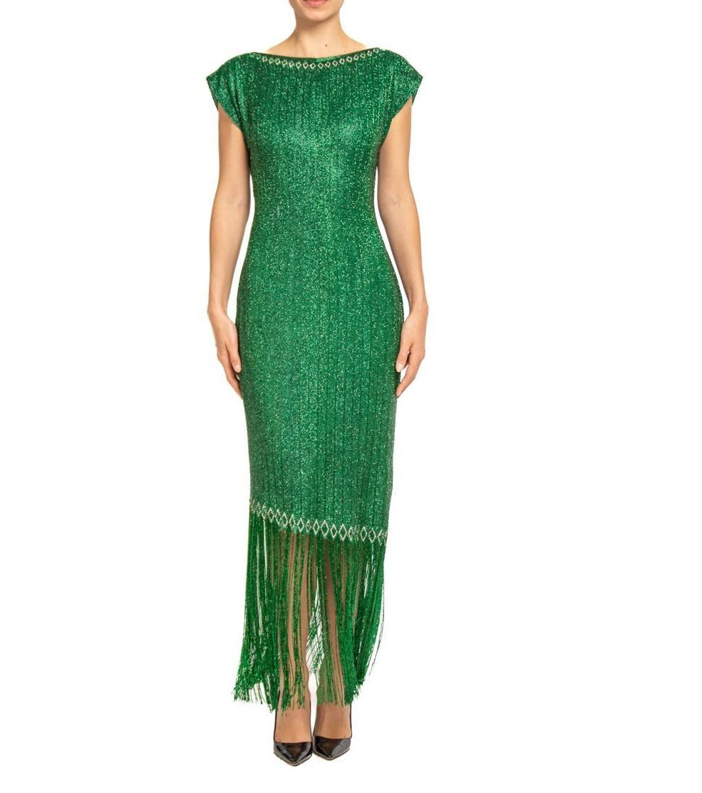 1970s Emerald Green Silk Organza Pav Beaded Cocktail Dress with Fringe 1970s Emerald Green Silk Organza Pav Beaded Cocktail Dress with Fringe