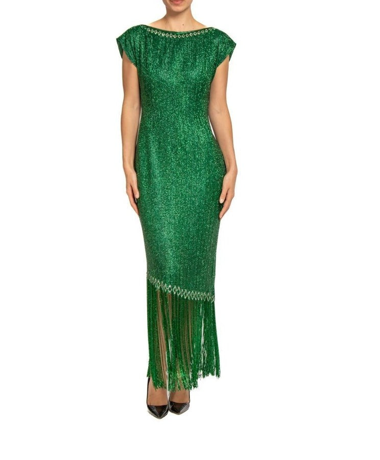 1970S Emerald Green Silk Organza Pav Beaded Cocktail Dress With Fringe 1970S Emerald Green Silk Organza Pav Beaded Cocktail Dress With Fringe