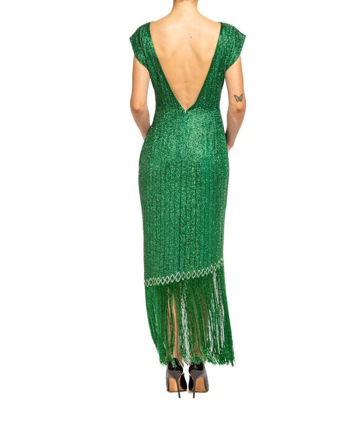 1970s Emerald Green Silk Organza Pav Beaded Cocktail Dress with Fringe 1970s Emerald Green Silk Organza Pav Beaded Cocktail Dress with Fringe