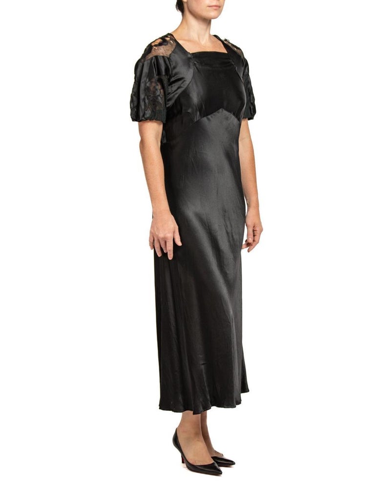 1930S Black Silk With Lace Bias Cut Dress 1930S Black Silk With Lace Bias Cut Dress
