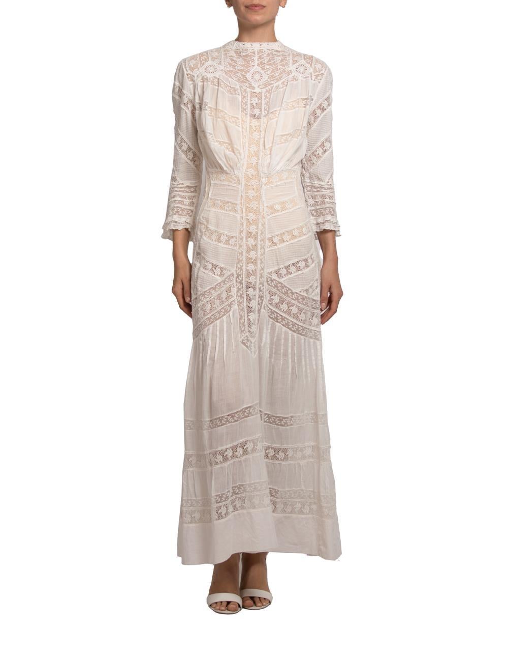 cream lace tea dress Edwardian Cream Embroidered Cotton Voile Lace Tea Dress With Empire Waistline and Half Sleeves