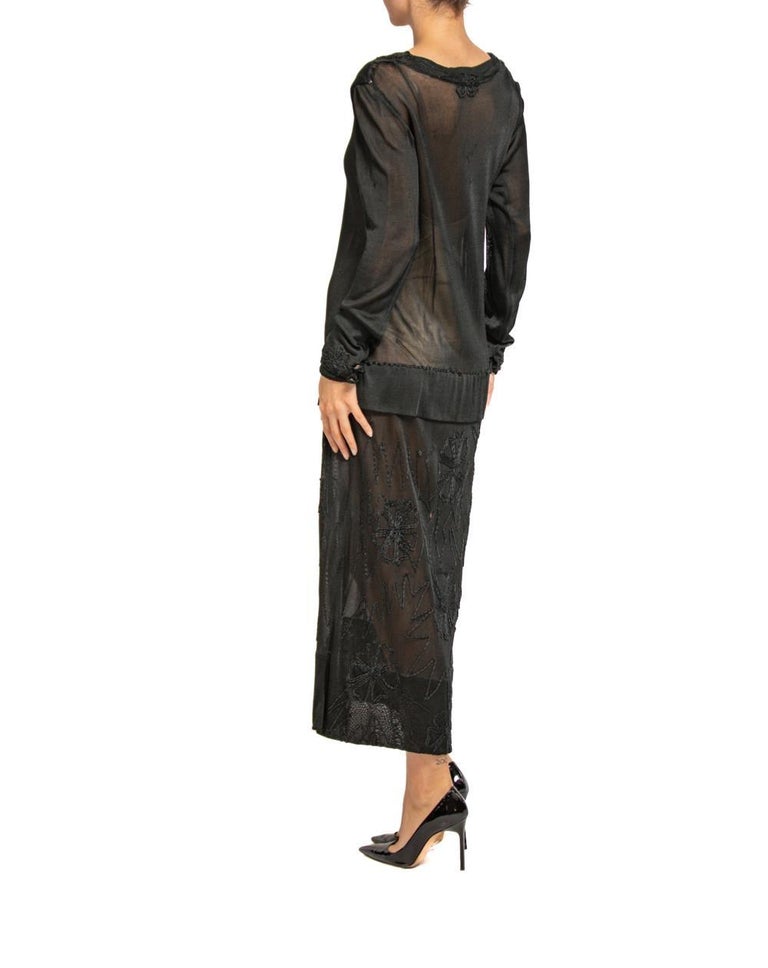 1920s Black Sheer Silk Jersey Dress with Floral Embroidery 1920s Black Sheer Silk Jersey Dress with Floral Embroidery