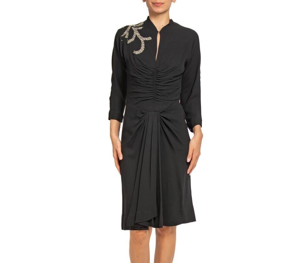 1940s Howard Greer Black Silk Crepe Cocktail Dress with Beaded Shoulder Detail 1940s Howard Greer Black Silk Crepe Cocktail Dress with Beaded Shoulder Detail