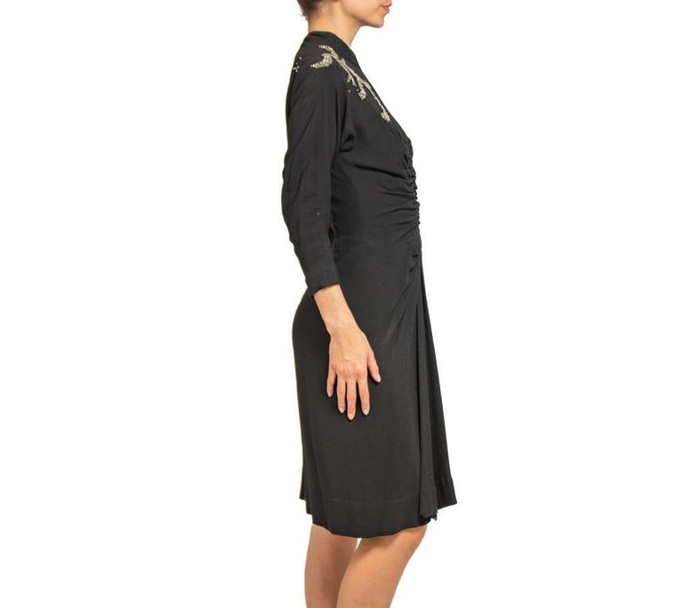 1940s Howard Greer Black Silk Crepe Cocktail Dress with Beaded Shoulder Detail 1940s Howard Greer Black Silk Crepe Cocktail Dress with Beaded Shoulder Detail