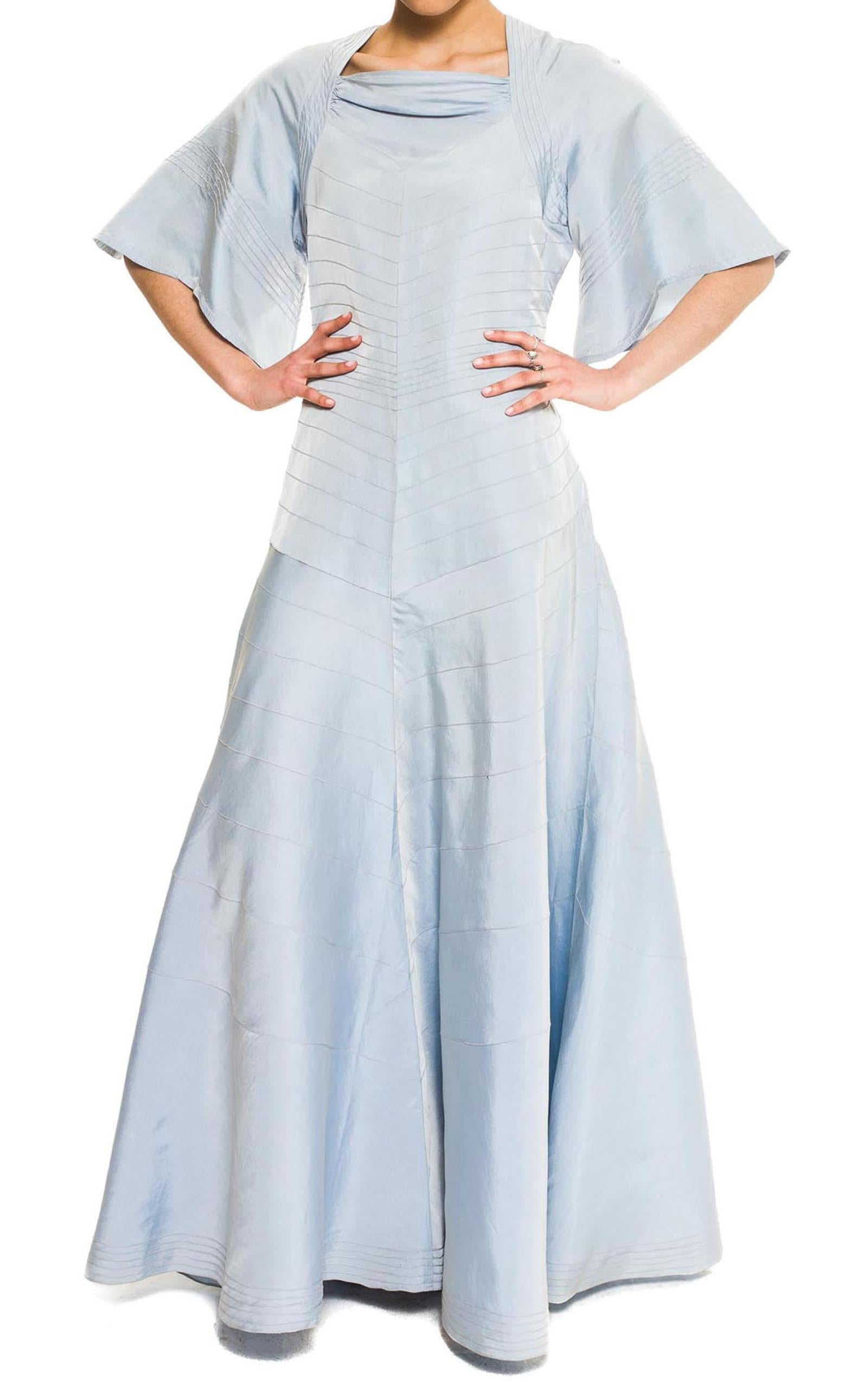 1930S MME JEANNE Baby Blue Haute Couture Silk Satin Art Deco Seamed Gown From La Rochelle France 1930S MME JEANNE Baby Blue Haute Couture Silk Satin Art Deco Seamed Gown From La Rochelle France