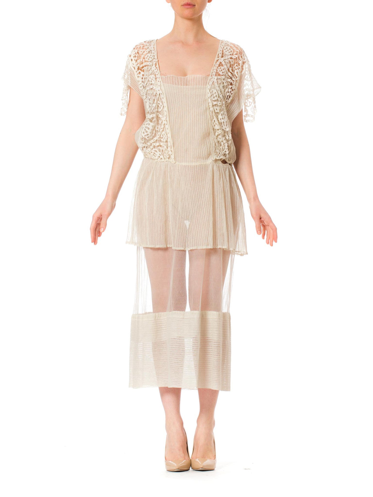 1920S Cream Cotton Net & Modernist Geometric Lace Dress 1920S Cream Cotton Net & Modernist Geometric Lace Dress
