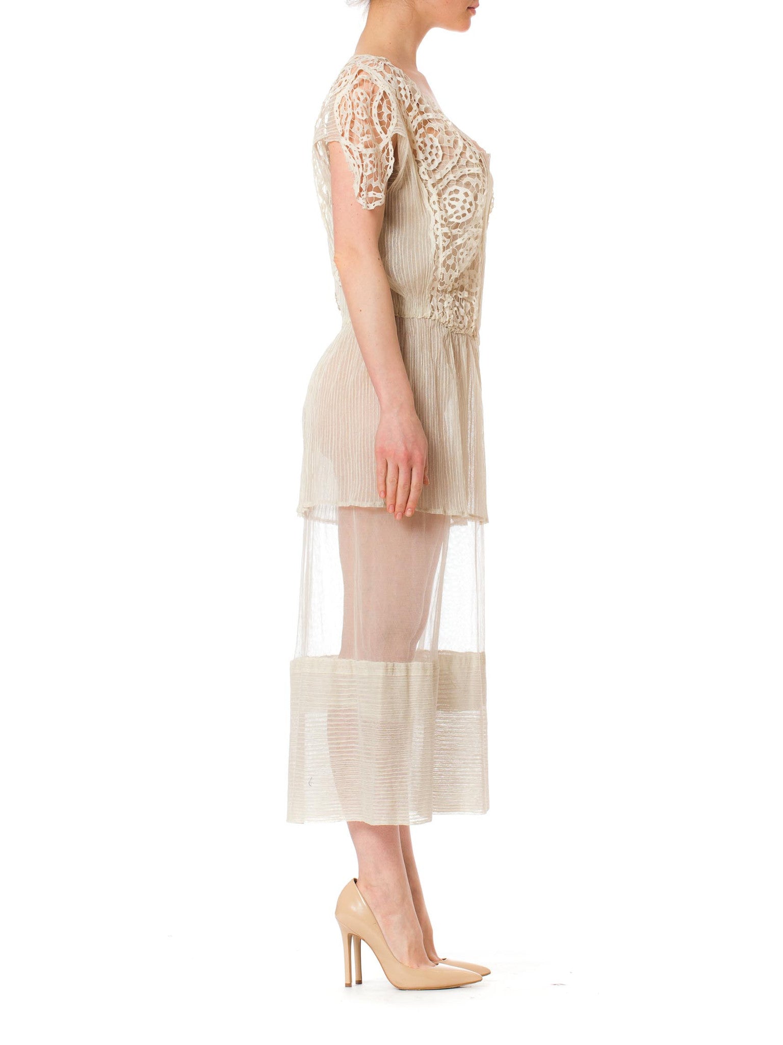 1920S Cream Cotton Net & Modernist Geometric Lace Dress 1920S Cream Cotton Net & Modernist Geometric Lace Dress
