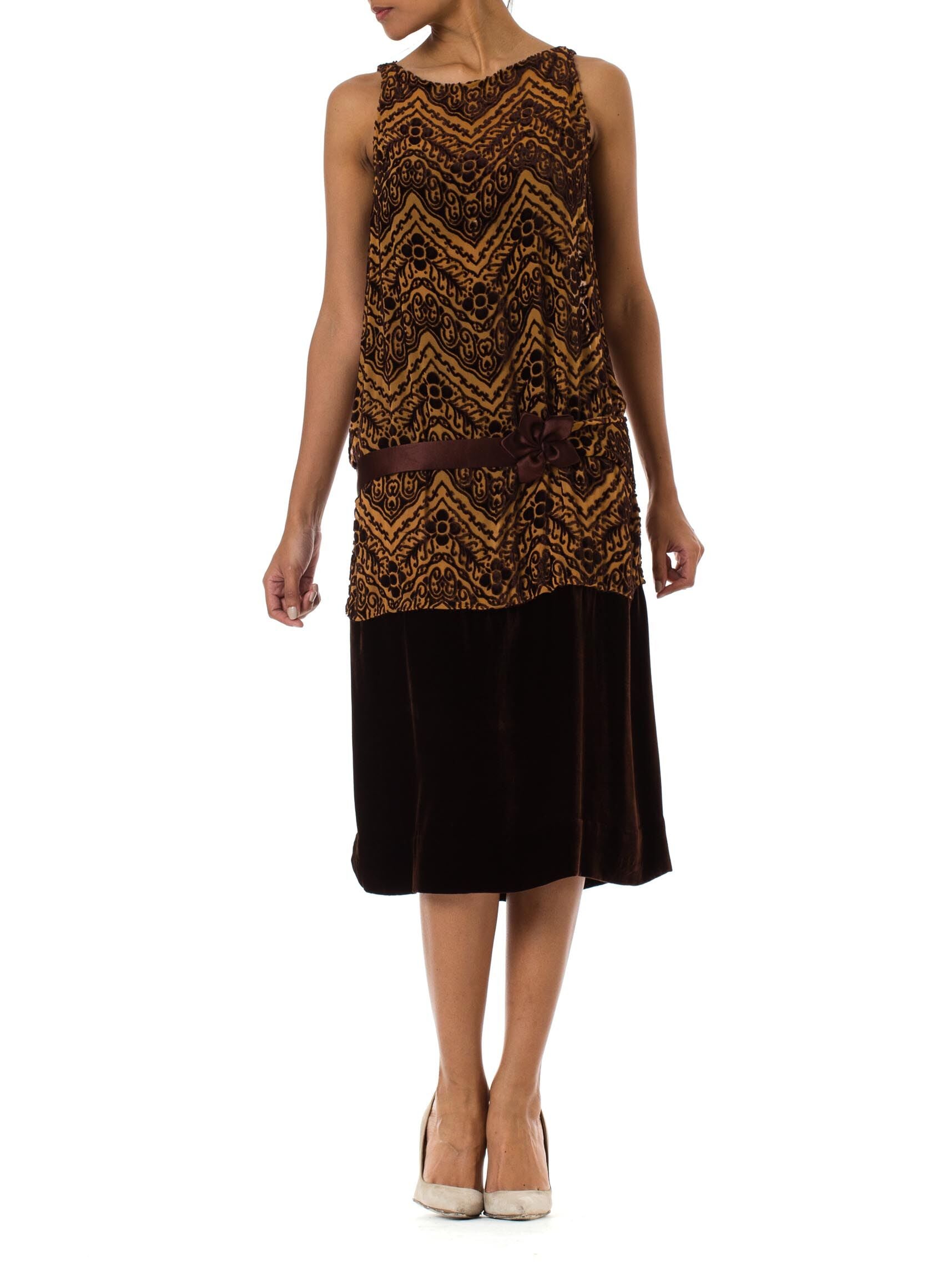 silk flapper dress 1920S Brown Silk Burnout Velvet Devoré Drop Waist Flapper Dress